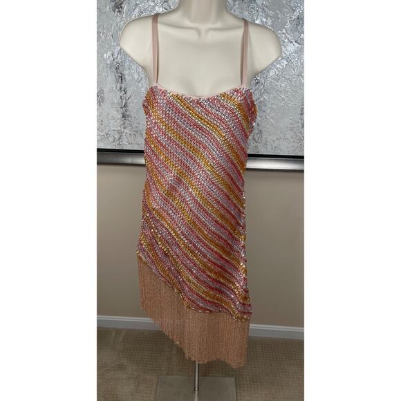 FOR LOVE & LEMONS Capri Bead Embellished Fringe Hem Asymmetric Mini Dress Sz 2 - Picture 4 of 8